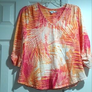 Chico's Cotton Top 3/4 Sleeve Printed Multicolor Pink Orange Size XL (3)